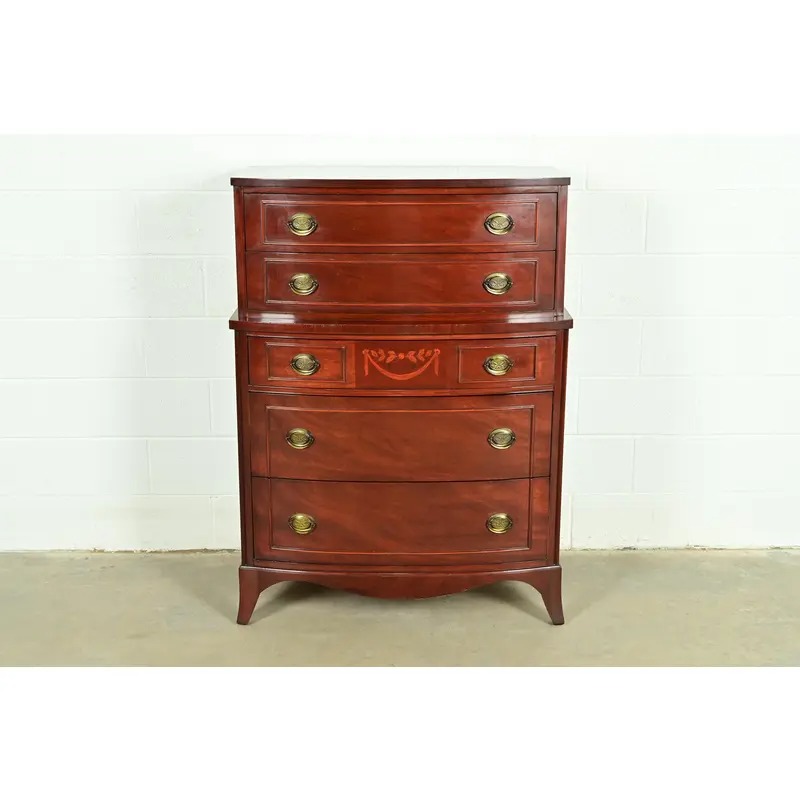 Federal Inlaid Mahogany Bow Front Highboy Dresser by National Furniture, Circa 1960s
