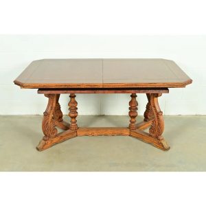 Early Romweber Antique English Jacobean Carved Oak Extension Dining Table, Circa 1900