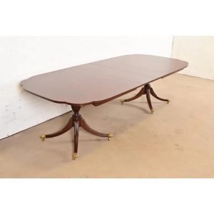 Kindel Furniture Georgian Mahogany Double Pedestal Extension Dining Table, Newly Refinished
