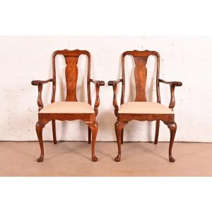 Stickley Queen Anne Carved Solid Cherry Wood Armchairs, Pair