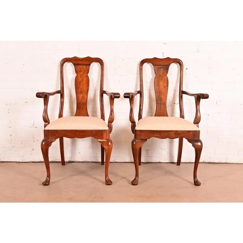 Stickley Queen Anne Carved Solid Cherry Wood Armchairs, Pair