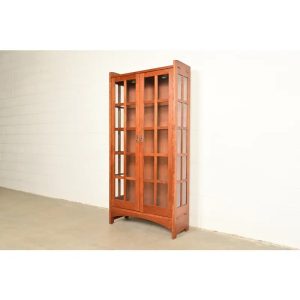 Stickley Mission Arts and Crafts Cherry Wood Lighted Bookcase Cabinet or Display Cabinet