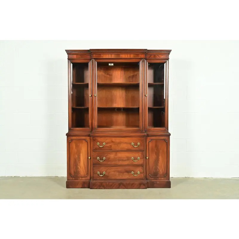 White Furniture Georgian Flame Mahogany Breakfront Bookcase Cabinet, Circa 1960s