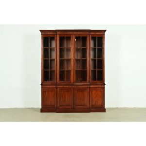 Henkel Harris Georgian Carved Mahogany Lighted Breakfront Bookcase Cabinet
