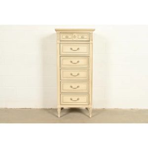 John Widdicomb Style French Regency Louis XVI Cream Lacquered Lingerie Chest or Semainier, Circa 1960s