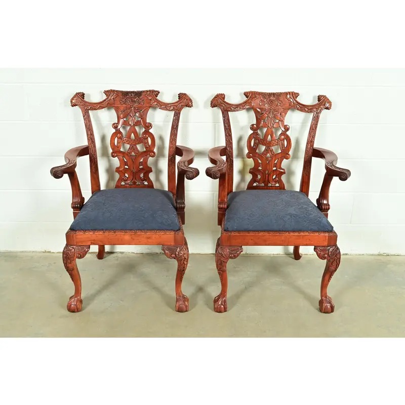 Baker Furniture Style Chippendale Carved Mahogany Armchairs, Pair - Image 2