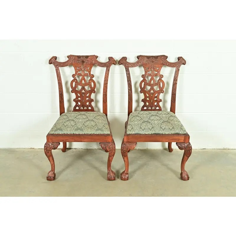 Baker Furniture Style Chippendale Carved Mahogany Side Chairs or Dining Chairs, Pair - Image 2