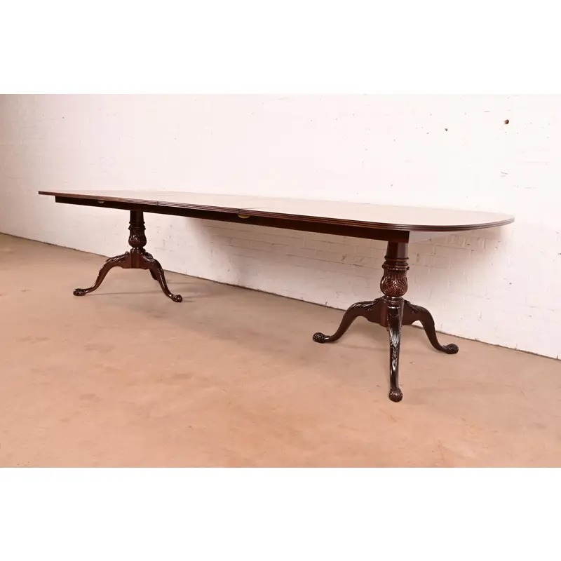 Drexel Heritage Georgian Banded Flame Mahogany Double Pedestal Extension Dining Table, Newly Refinished - Image 2