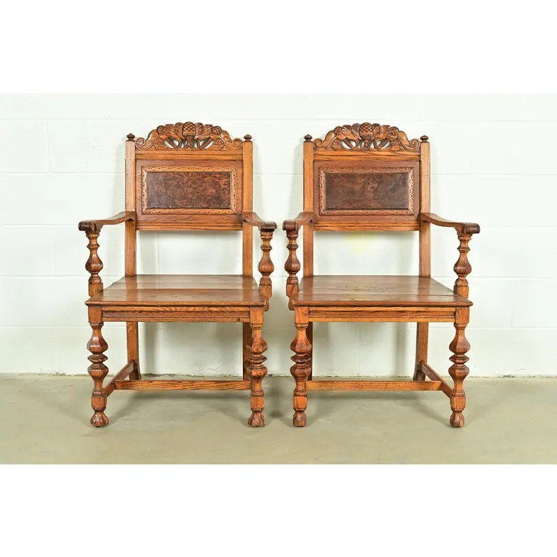Early Romweber Antique English Jacobean Carved Oak and Burl Wood Armchairs, Pair - Image 2