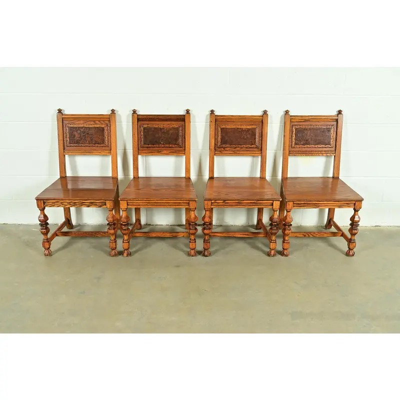Early Romweber Antique English Jacobean Carved Oak and Burl Wood Dining Chairs, Set of Four - Image 2