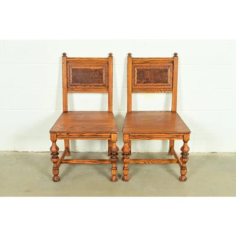Early Romweber Antique English Jacobean Carved Oak and Burl Wood Side Chairs or Dining Chairs, Pair - Image 3