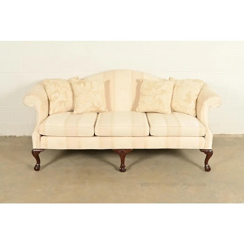 Ethan Allen Chippendale Carved Mahogany Upholstered Camelback Sofa - Image 2