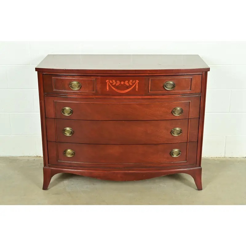 Federal Inlaid Mahogany Bow Front Dresser Chest by National Furniture, Circa 1960s - Image 2