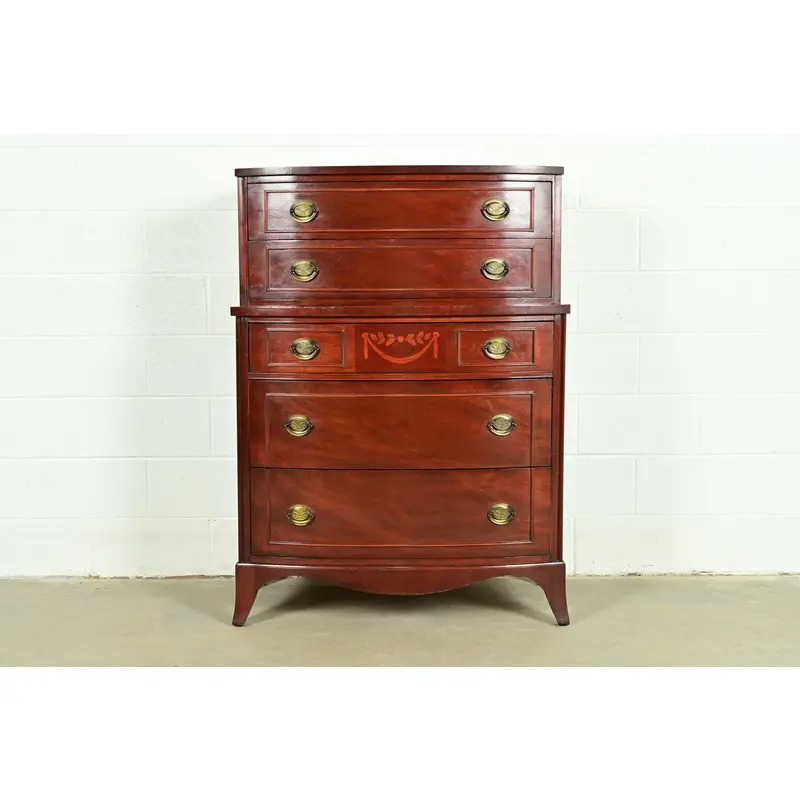 Federal Inlaid Mahogany Bow Front Highboy Dresser by National Furniture, Circa 1960s - Image 2