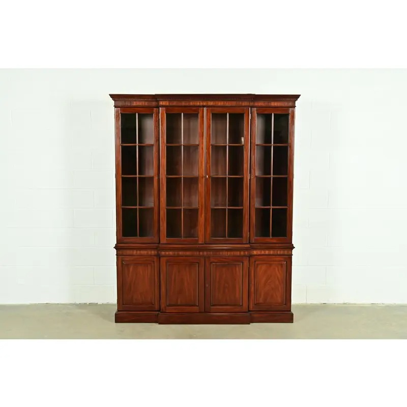 Henkel Harris Georgian Carved Mahogany Lighted Breakfront Bookcase Cabinet - Image 2
