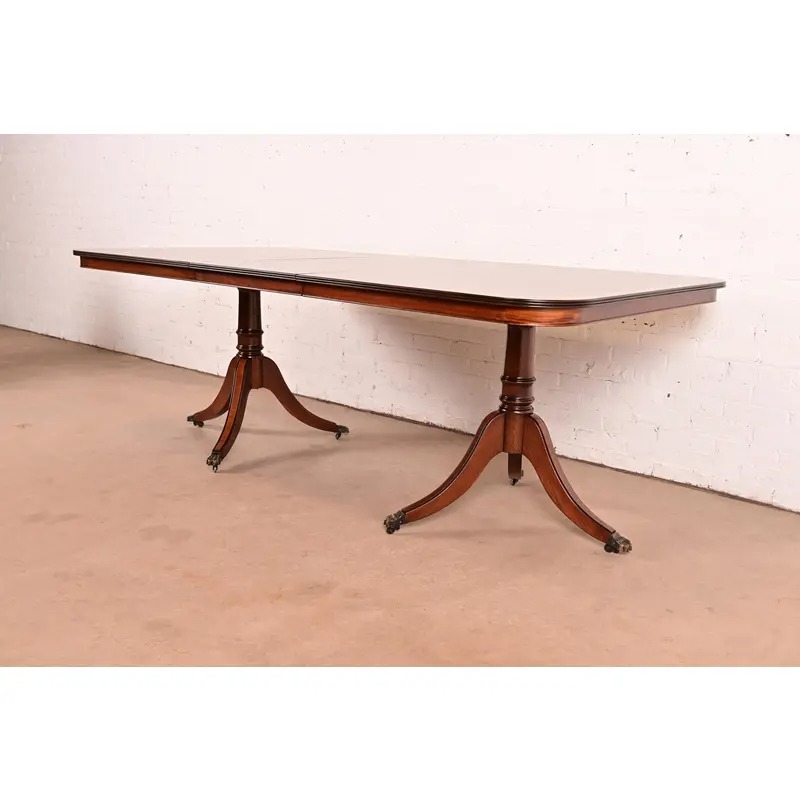 John Widdicomb Georgian Banded Mahogany Double Pedestal Extension Dining Table, Newly Refinished - Image 2