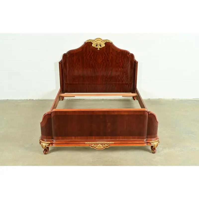 Paul Sormani Style Antique French Provincial Louis XV Burled Mahogany and Gold Gilt Queen Size Bed - Image 2
