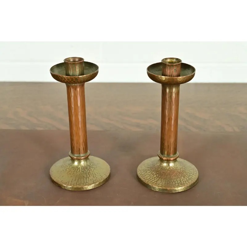 Roycroft Arts & Crafts Brass Finished Hammered Copper Candlesticks, Pair - Image 2
