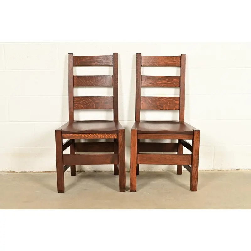 Stickley Brothers Antique Mission Oak Arts & Crafts Ladder Back Side Chairs or Dining Chairs, Newly Refinished - Image 2