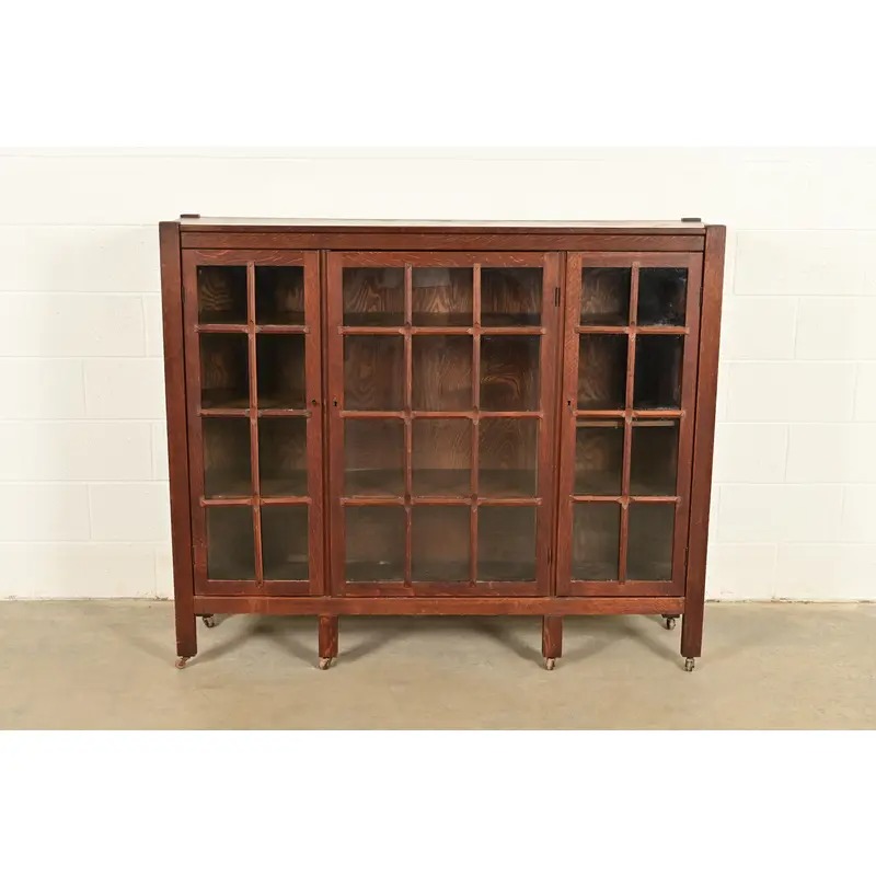 Stickley Brothers Style Antique Mission Oak Arts & Crafts Glass Front Triple Bookcase, Circa 1910 - Image 2