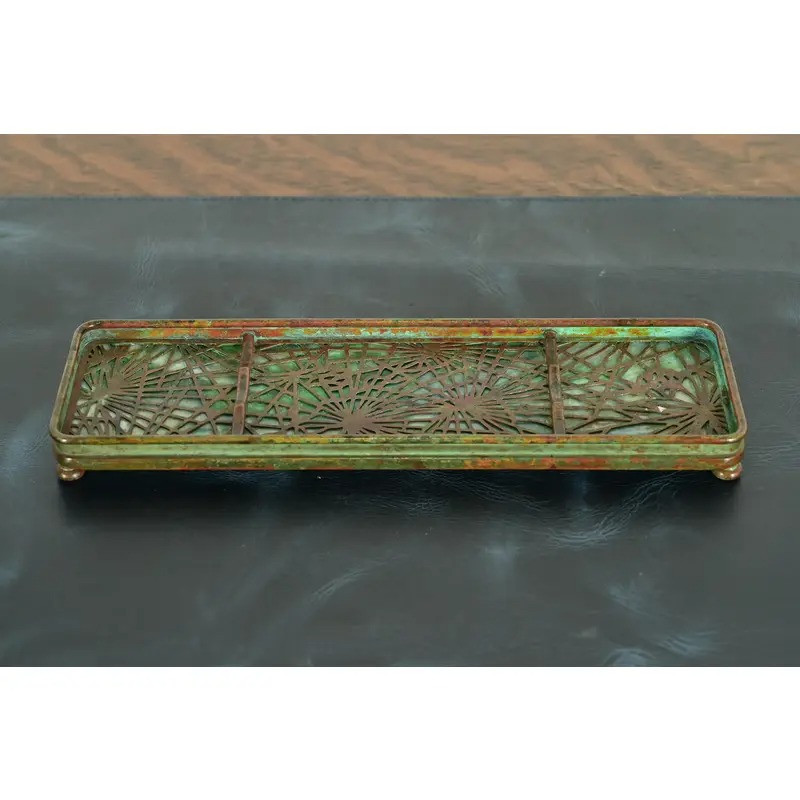 Tiffany Studios New York Pine Needle Bronze and Favrile Slag Glass Pen Tray - Image 2