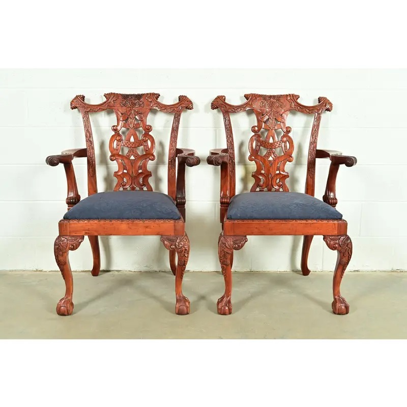 Baker Furniture Style Chippendale Carved Mahogany Armchairs, Pair - Image 3