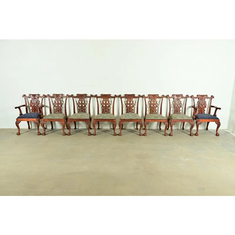 Baker Furniture Style Chippendale Carved Mahogany Dining Chairs, Set of Eight - Image 3