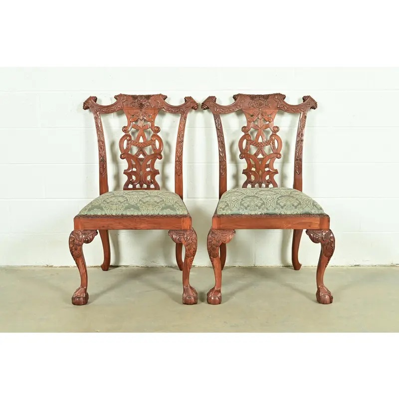 Baker Furniture Style Chippendale Carved Mahogany Side Chairs or Dining Chairs, Pair - Image 3