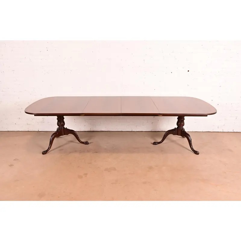 Drexel Heritage Georgian Banded Flame Mahogany Double Pedestal Extension Dining Table, Newly Refinished - Image 3