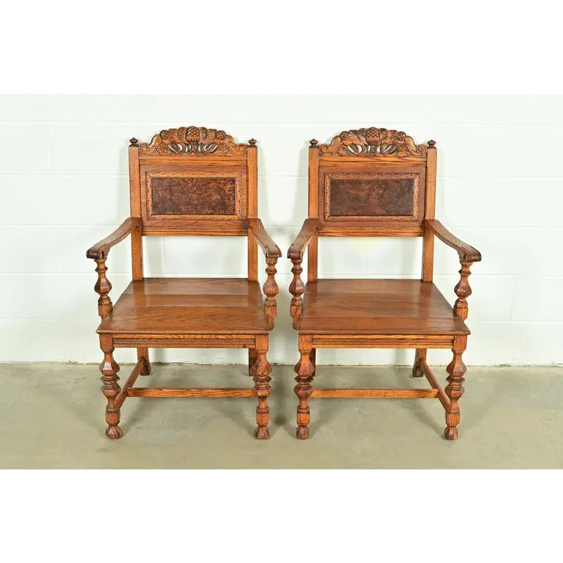 Early Romweber Antique English Jacobean Carved Oak and Burl Wood Armchairs, Pair - Image 3
