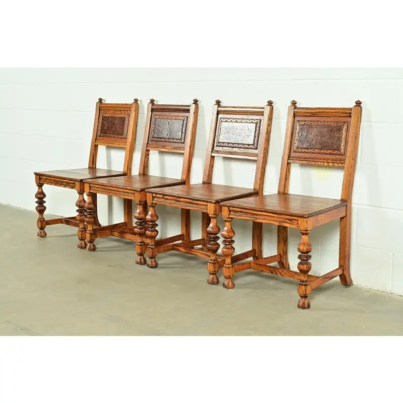 Early Romweber Antique English Jacobean Carved Oak and Burl Wood Dining Chairs, Set of Four - Image 3
