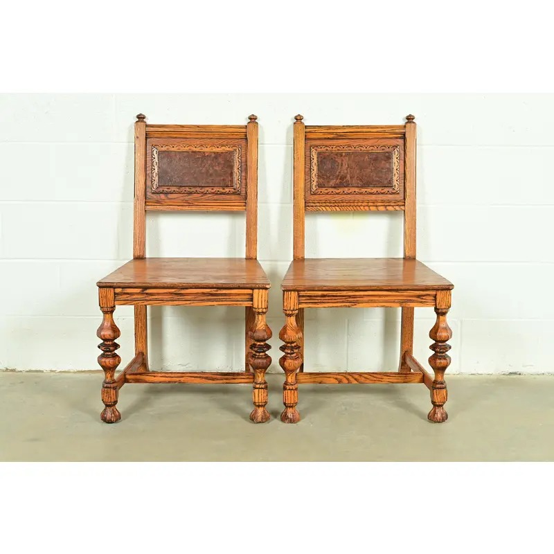 Early Romweber Antique English Jacobean Carved Oak and Burl Wood Side Chairs or Dining Chairs, Pair - Image 2