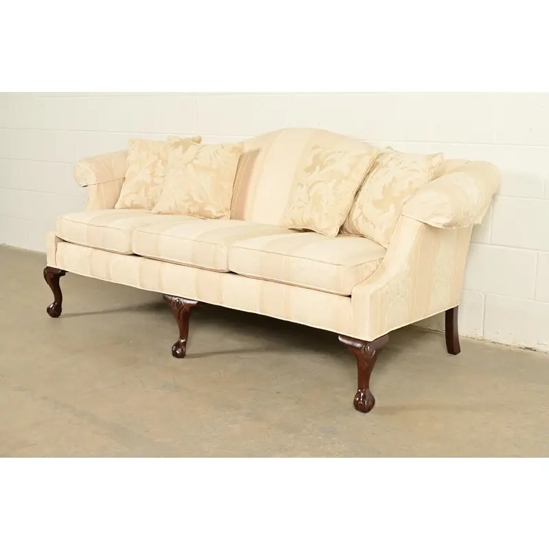 Ethan Allen Chippendale Carved Mahogany Upholstered Camelback Sofa - Image 3