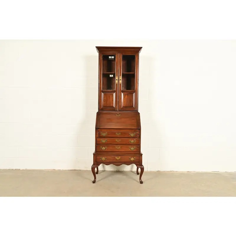 Ethan Allen Georgian Cherry Wood Bureau With Drop Front Secretary Desk and Bookcase Hutch, Circa 1970s - Image 3