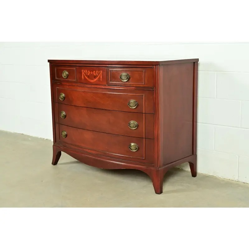 Federal Inlaid Mahogany Bow Front Dresser Chest by National Furniture, Circa 1960s - Image 3