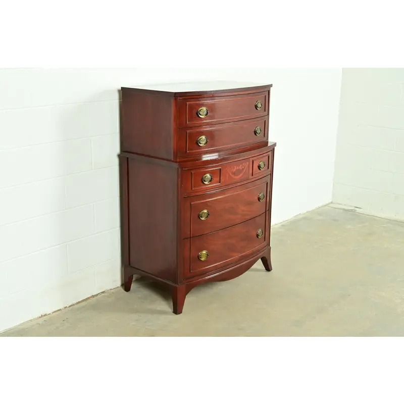 Federal Inlaid Mahogany Bow Front Highboy Dresser by National Furniture, Circa 1960s - Image 3