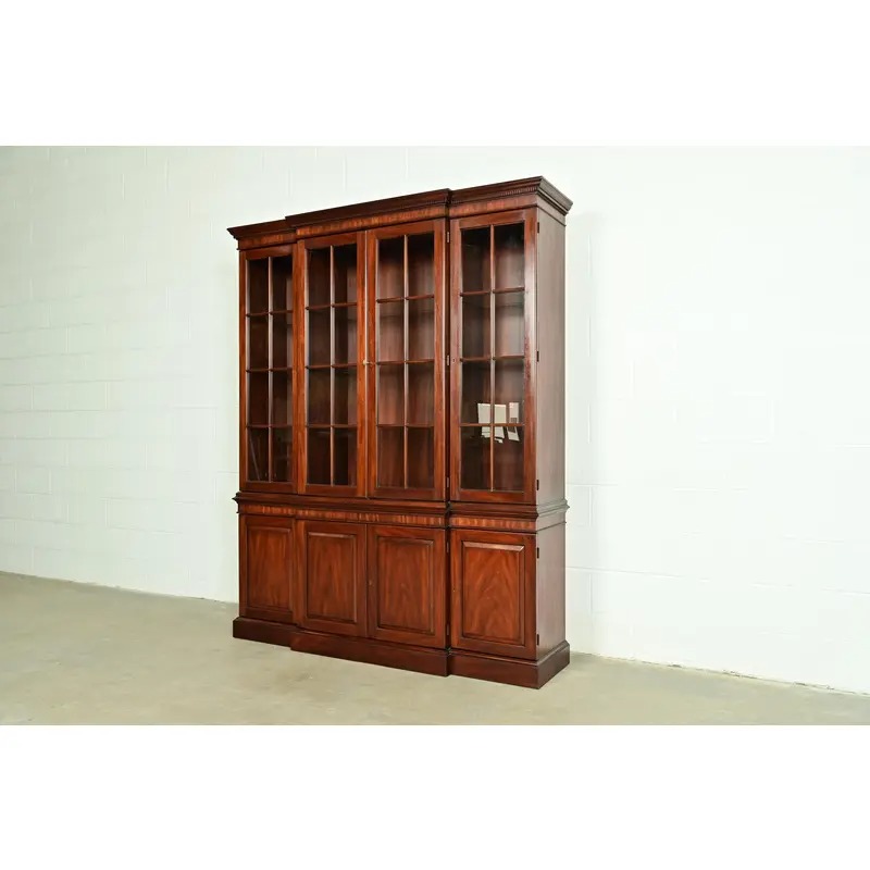 Henkel Harris Georgian Carved Mahogany Lighted Breakfront Bookcase Cabinet - Image 3