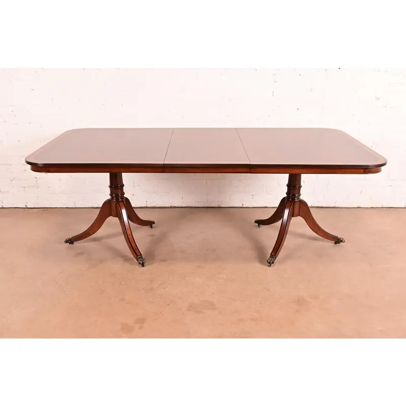 John Widdicomb Georgian Banded Mahogany Double Pedestal Extension Dining Table, Newly Refinished - Image 3