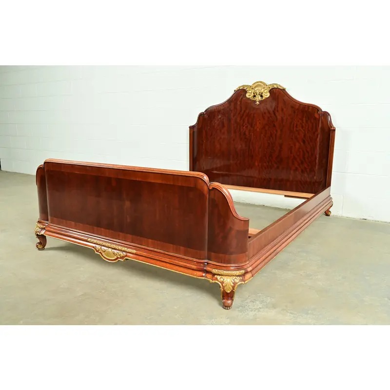 Paul Sormani Style Antique French Provincial Louis XV Burled Mahogany and Gold Gilt Queen Size Bed - Image 3