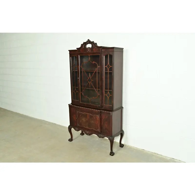 Romweber Chippendale Flame Mahogany Breakfront Bookcase Cabinet, Circa 1920s - Image 3