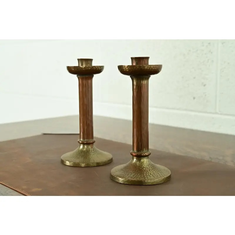 Roycroft Arts & Crafts Brass Finished Hammered Copper Candlesticks, Pair - Image 3