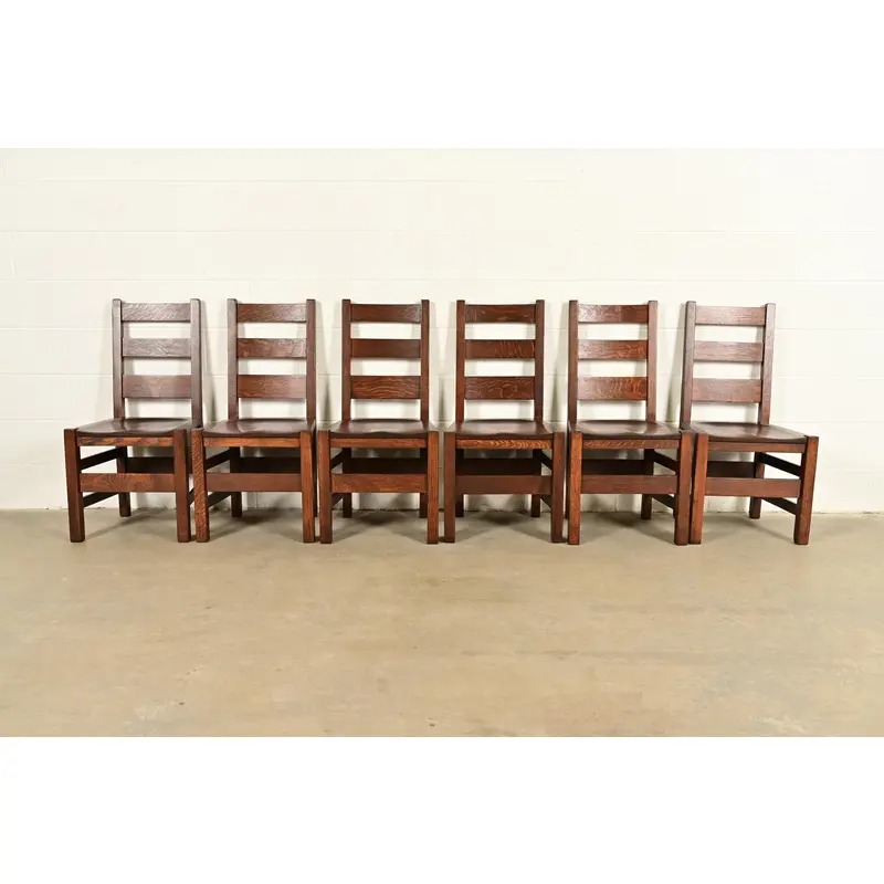 Stickley Brothers Antique Mission Oak Arts & Crafts Ladder Back Dining Chairs, Newly Refinished - Image 3