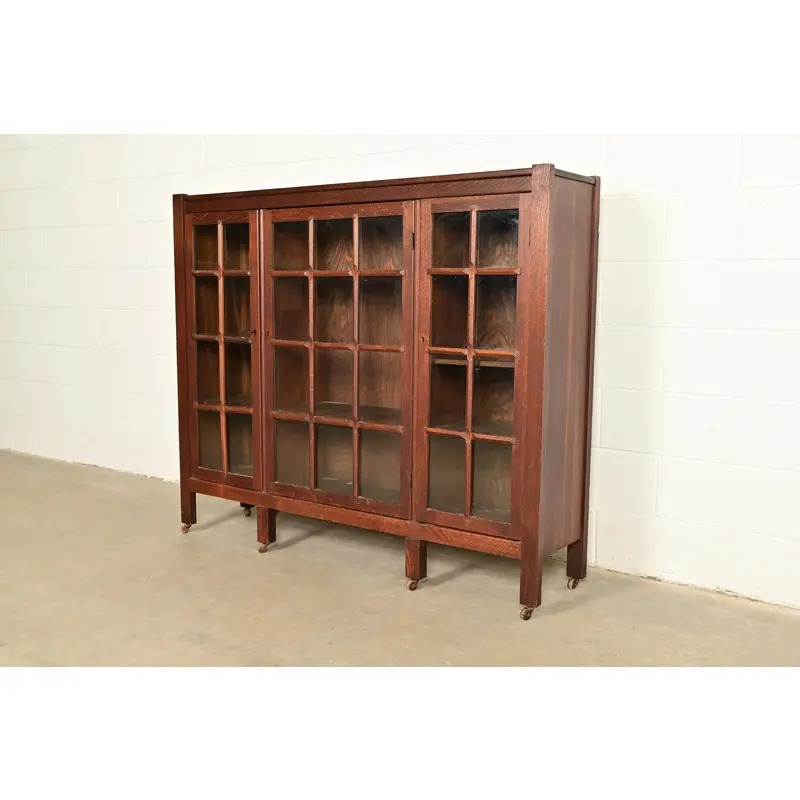 Stickley Brothers Style Antique Mission Oak Arts & Crafts Glass Front Triple Bookcase, Circa 1910 - Image 3