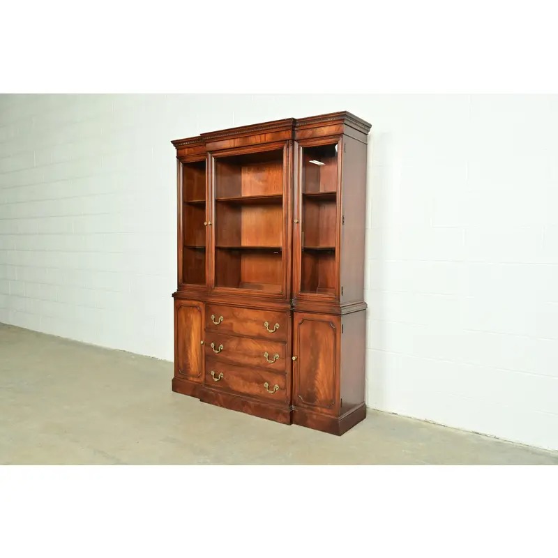 White Furniture Georgian Flame Mahogany Breakfront Bookcase Cabinet, Circa 1960s - Image 3