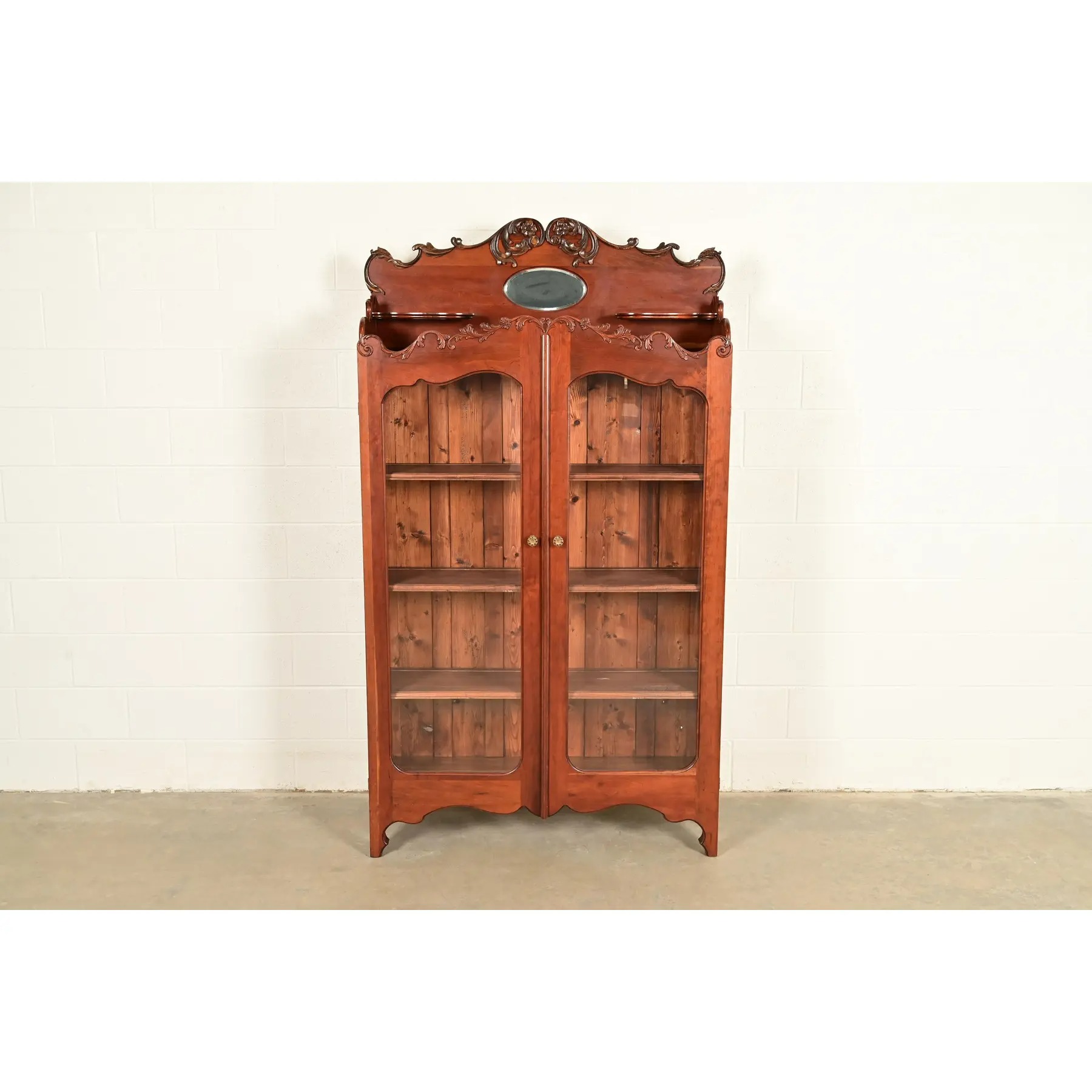 Antique Victorian Carved Cherry Wood Two-Door Bookcase Cabinet, Circa 1880s - Image 2