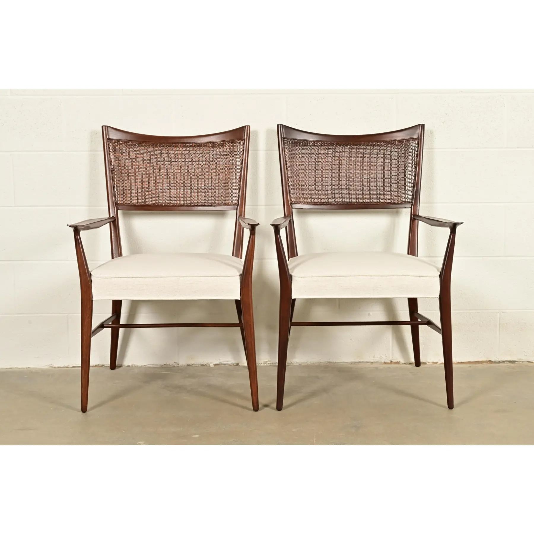 Paul McCobb Irwin Collection Mid-Century Modern Sculpted Walnut Cane Back Armchairs, Newly Refinished - Image 2