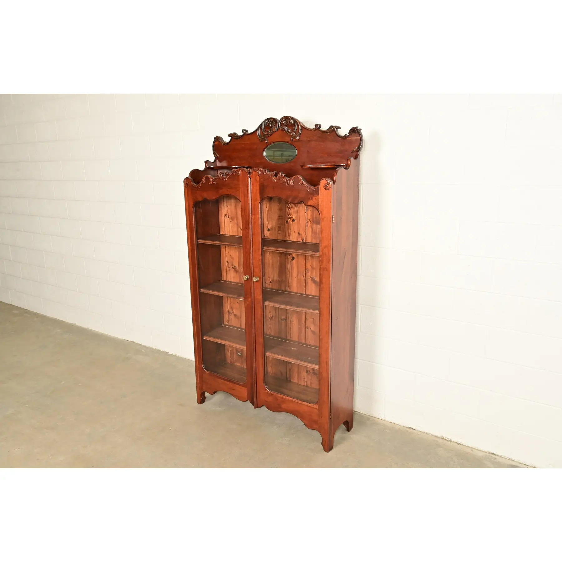 Antique Victorian Carved Cherry Wood Two-Door Bookcase Cabinet, Circa 1880s - Image 3