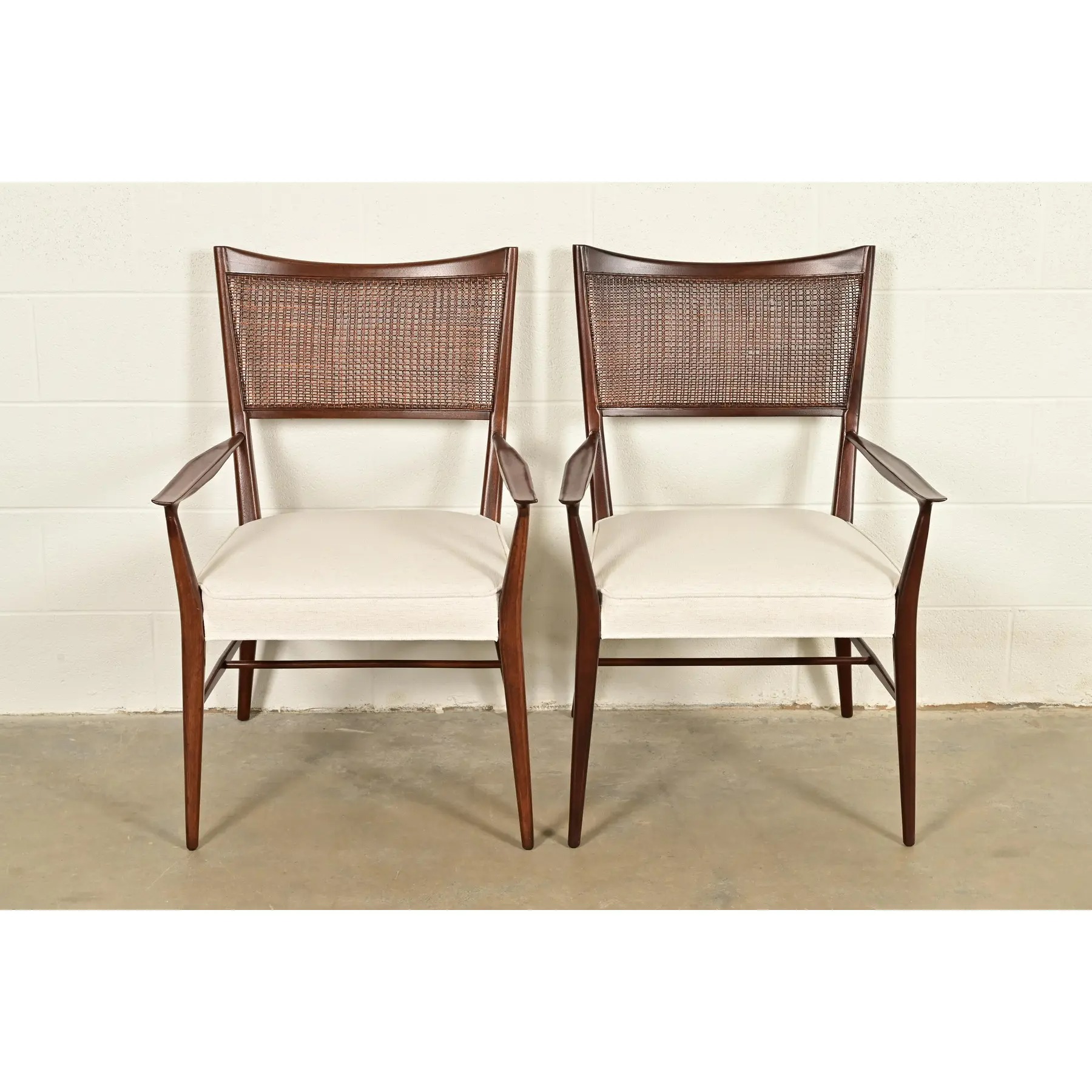Paul McCobb Irwin Collection Mid-Century Modern Sculpted Walnut Cane Back Armchairs, Newly Refinished - Image 3
