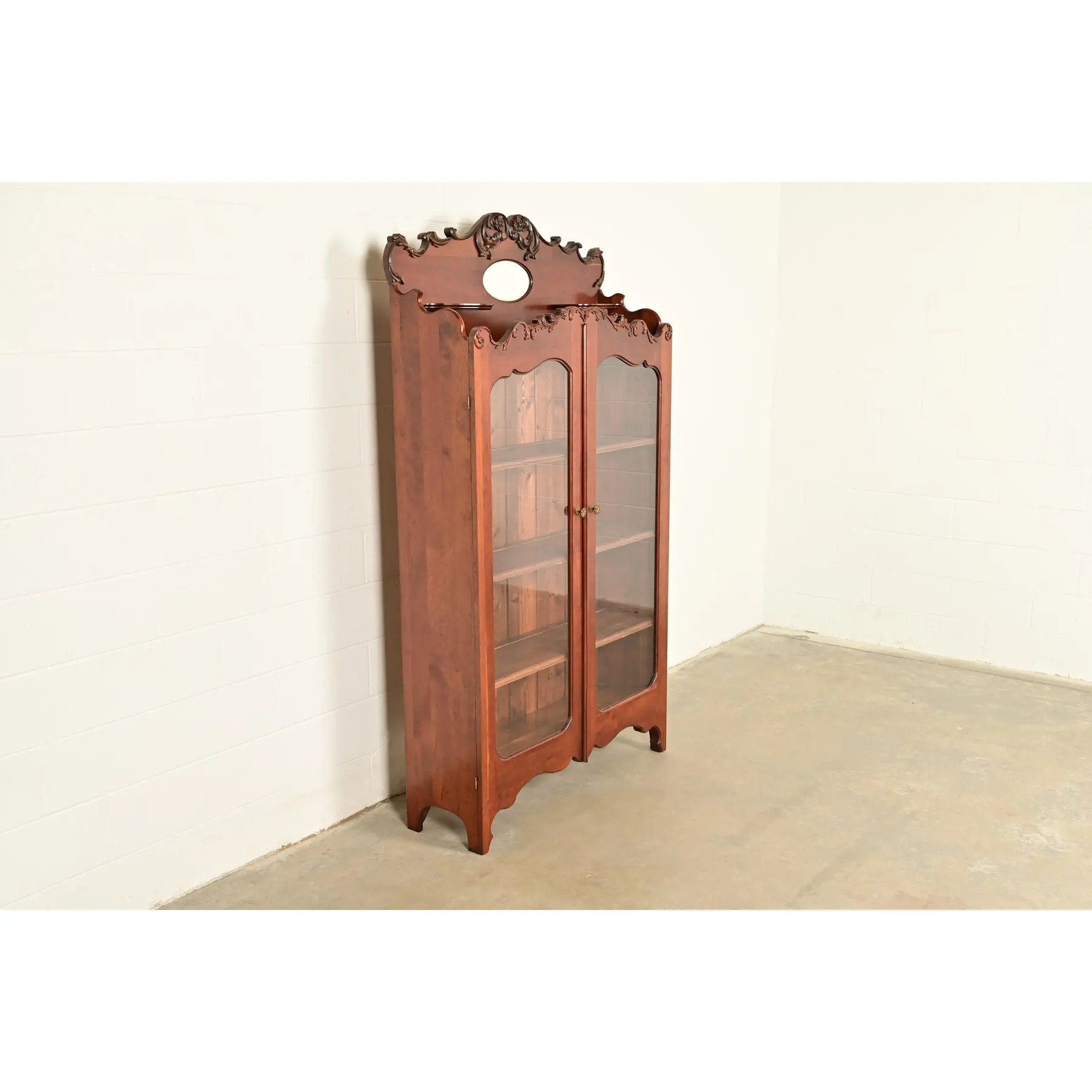 Antique Victorian Carved Cherry Wood Two-Door Bookcase Cabinet, Circa 1880s - Image 4