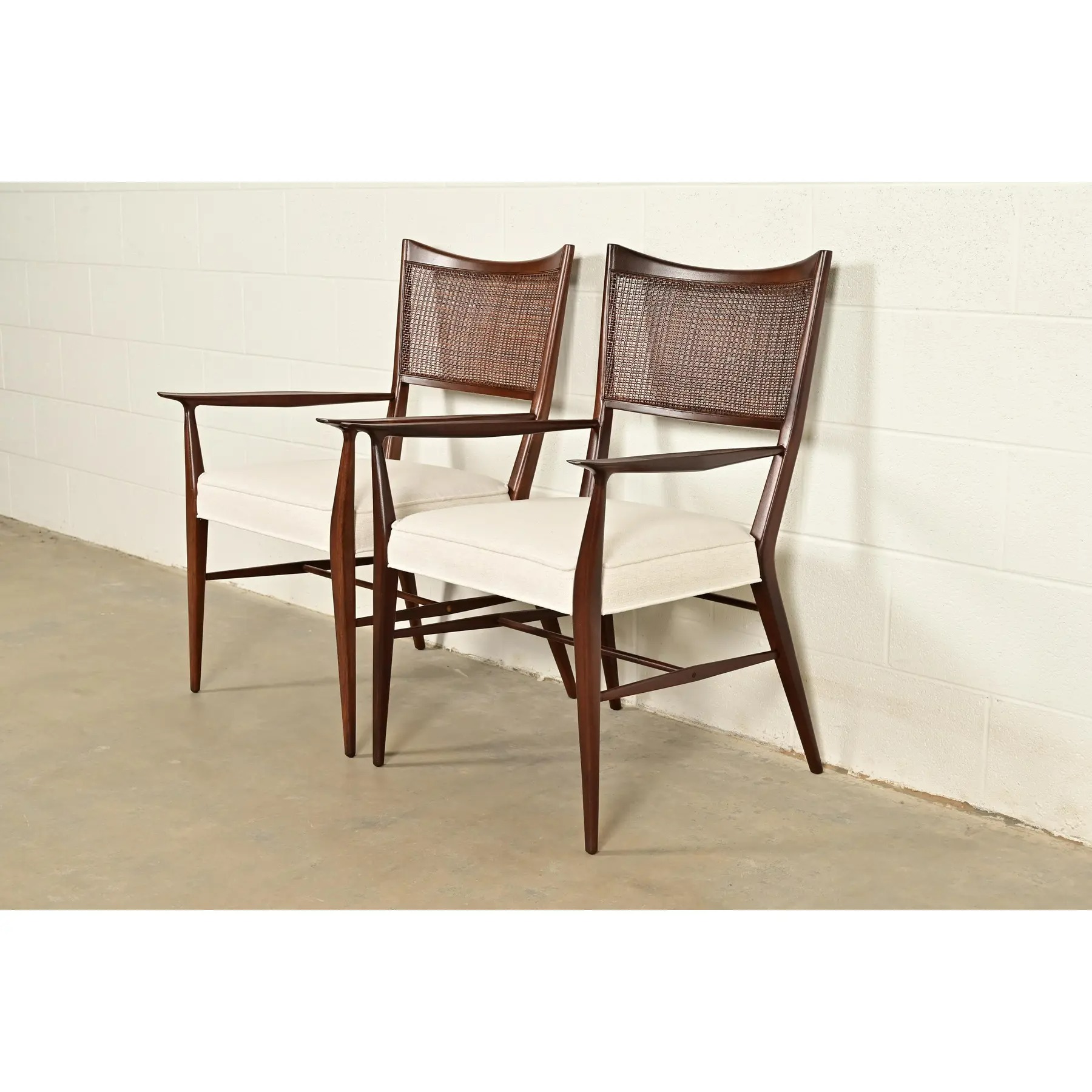 Paul McCobb Irwin Collection Mid-Century Modern Sculpted Walnut Cane Back Armchairs, Newly Refinished - Image 4